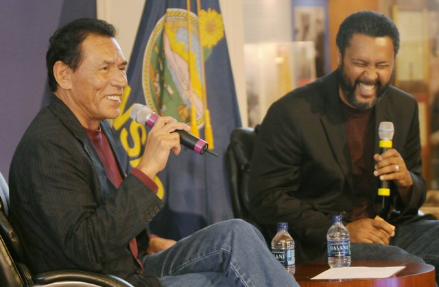 Actor Wes Studi, left, and filmmaker Kevin Willmott discuss their new film